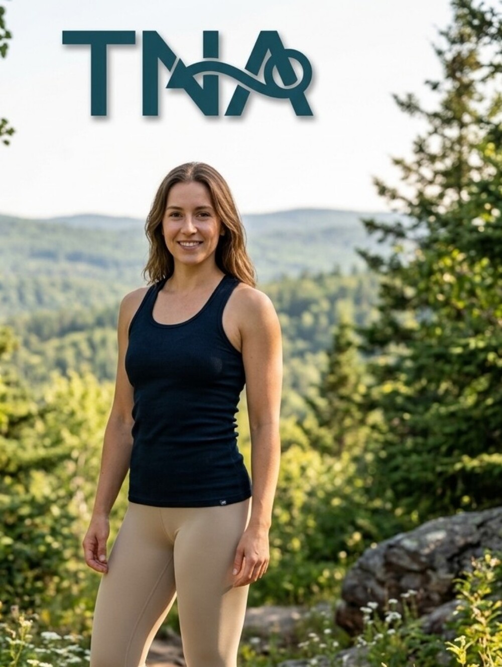 TNA Navy Blue Racerback Tank Top with Beige Leggings